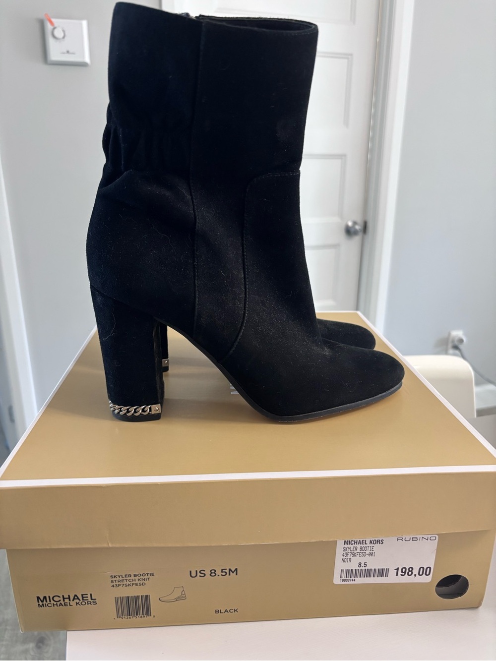 Michael Kors Black Suede Ankle Booties with Chain-Trim Block Heel